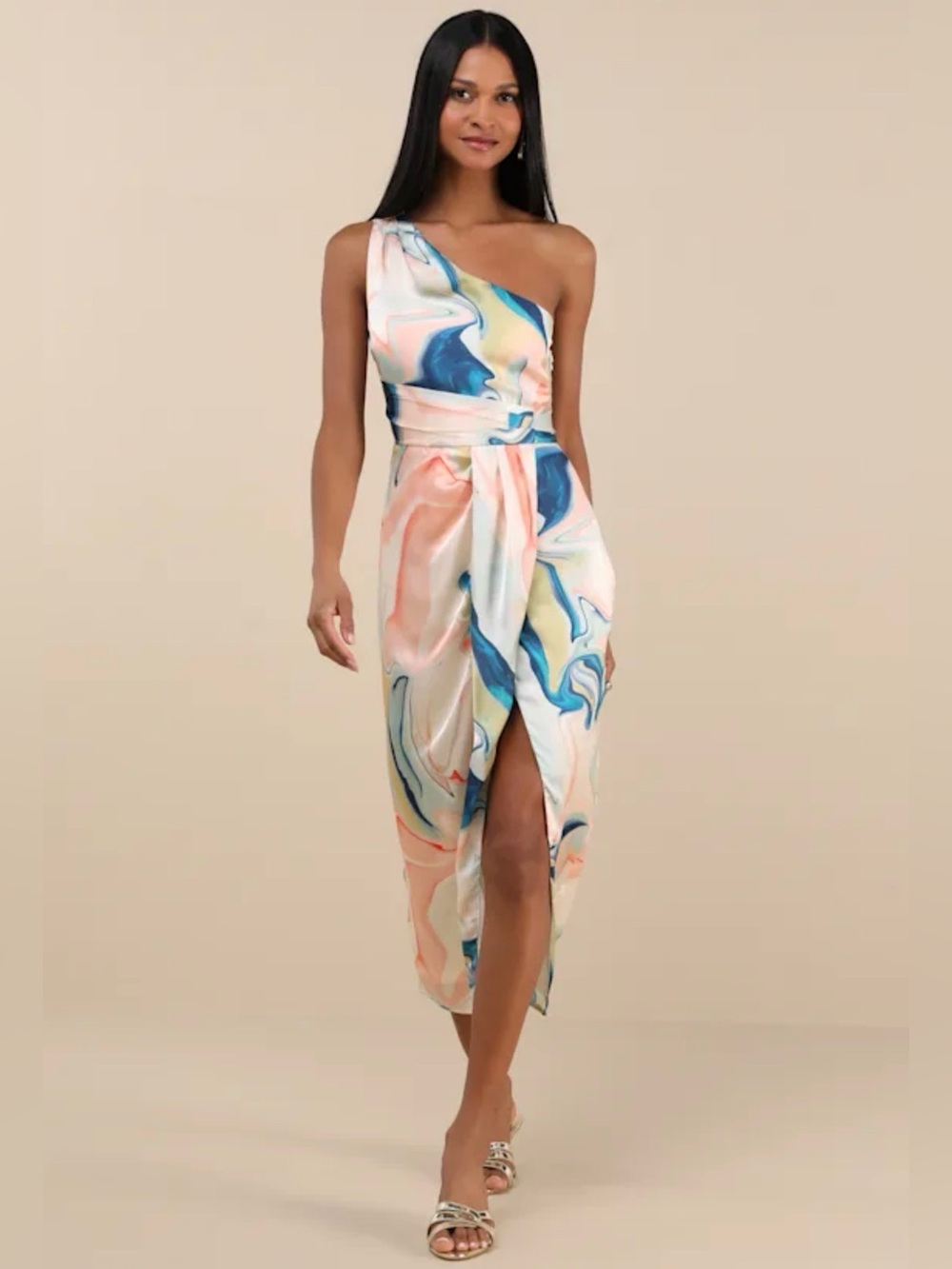 Lulu's One-Shoulder Marble Print Midi Dress in Peach, Blue, Cream